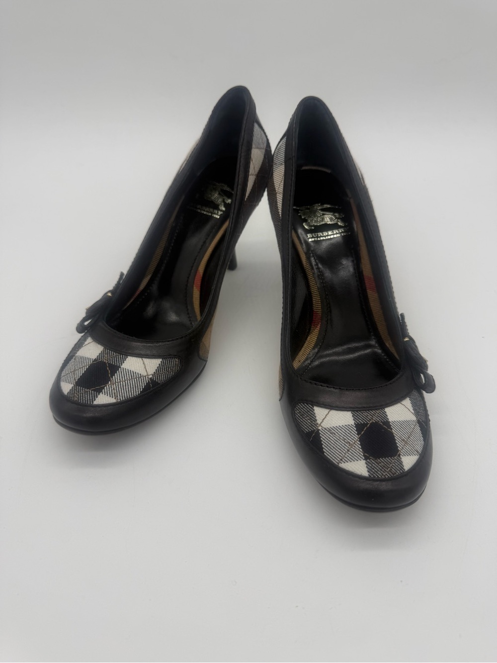Burberry Black & White Check Leather Trim Heels New